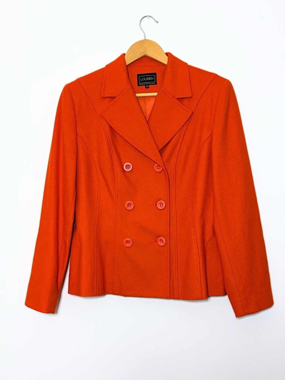 Lambswool Vintage Statement Coat. Louben Double Breasted Orange Jacket Size 10 - Picture 3 of 13